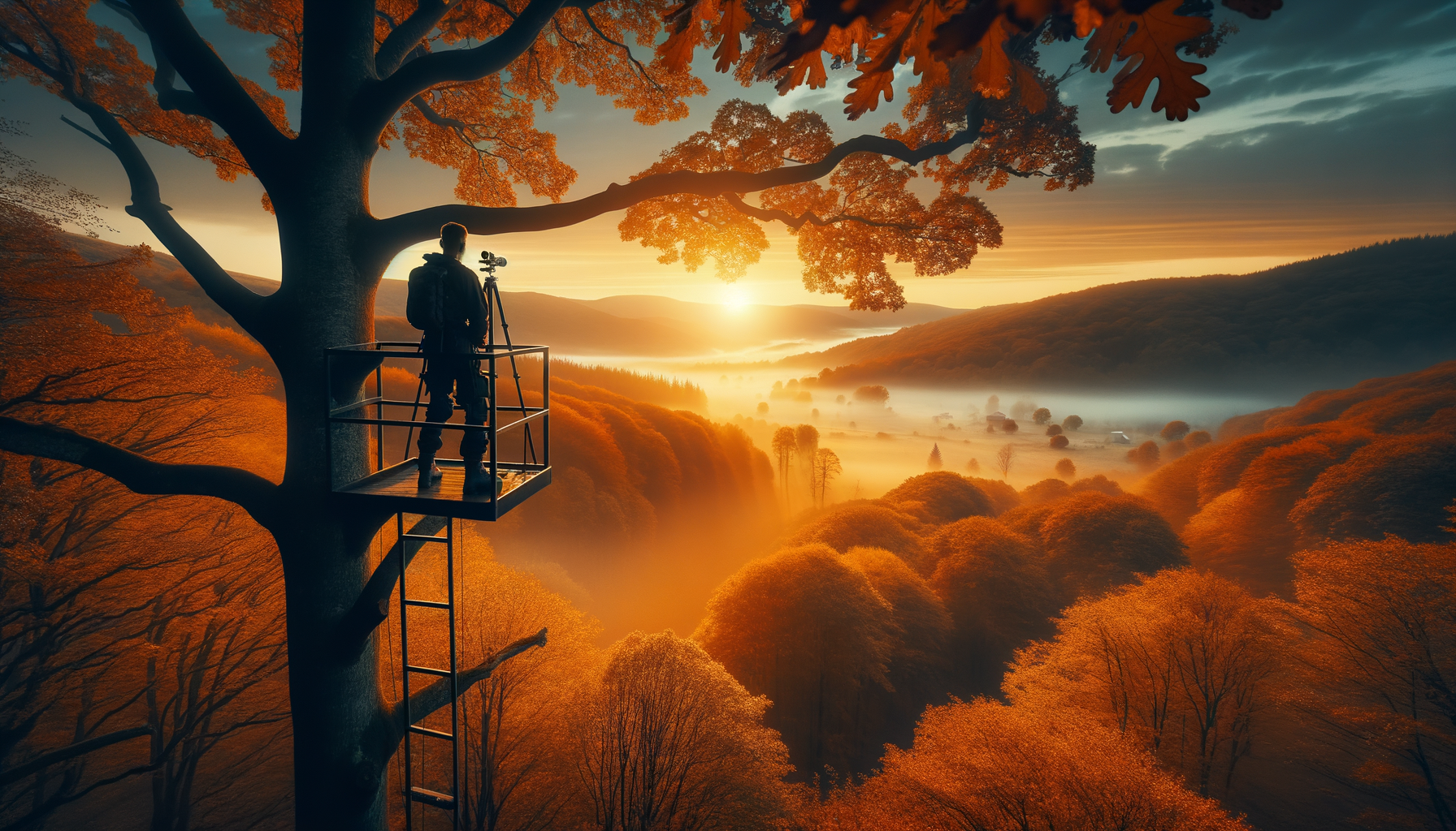 Hunter in tree stand at golden hour dawn overlooking misty autumn forest